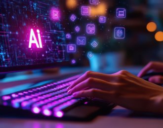 AI integration in modern business on the blurry backdrop of the office